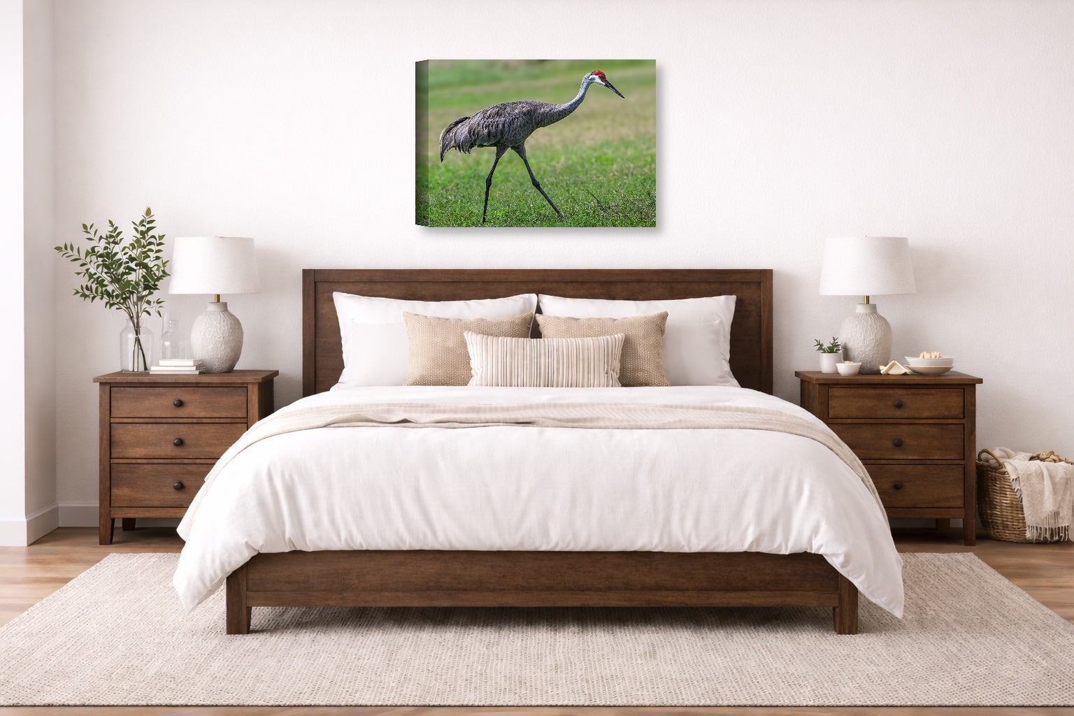 Sandhill Crane - Walking printed on canvas wall art displayed on a wall above a bed.