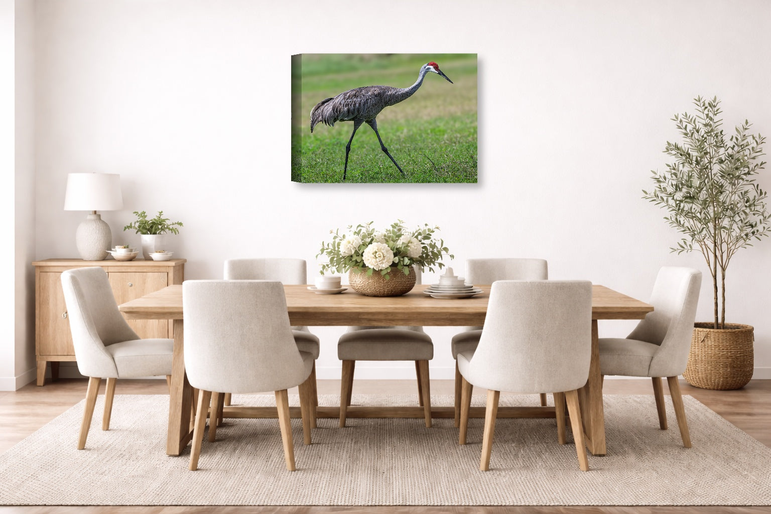 Sandhill Crane printed on canvas wall art displayed on a wall in the dinning room