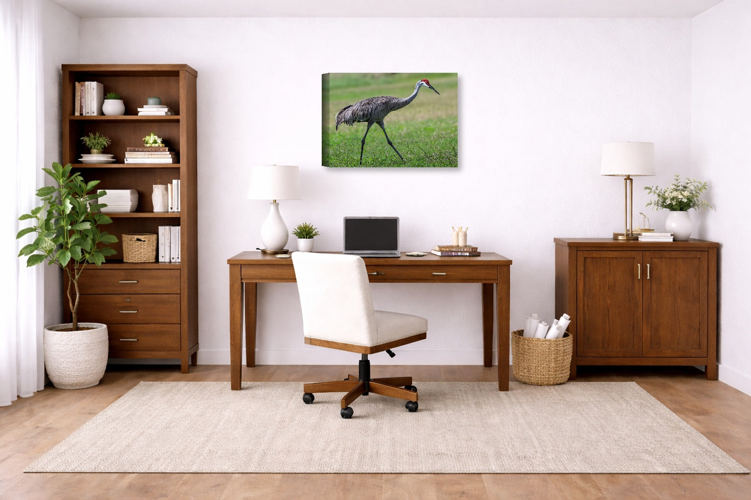 Sandhill Crane printed on canvas wall art displayed on a wall in a a home office.