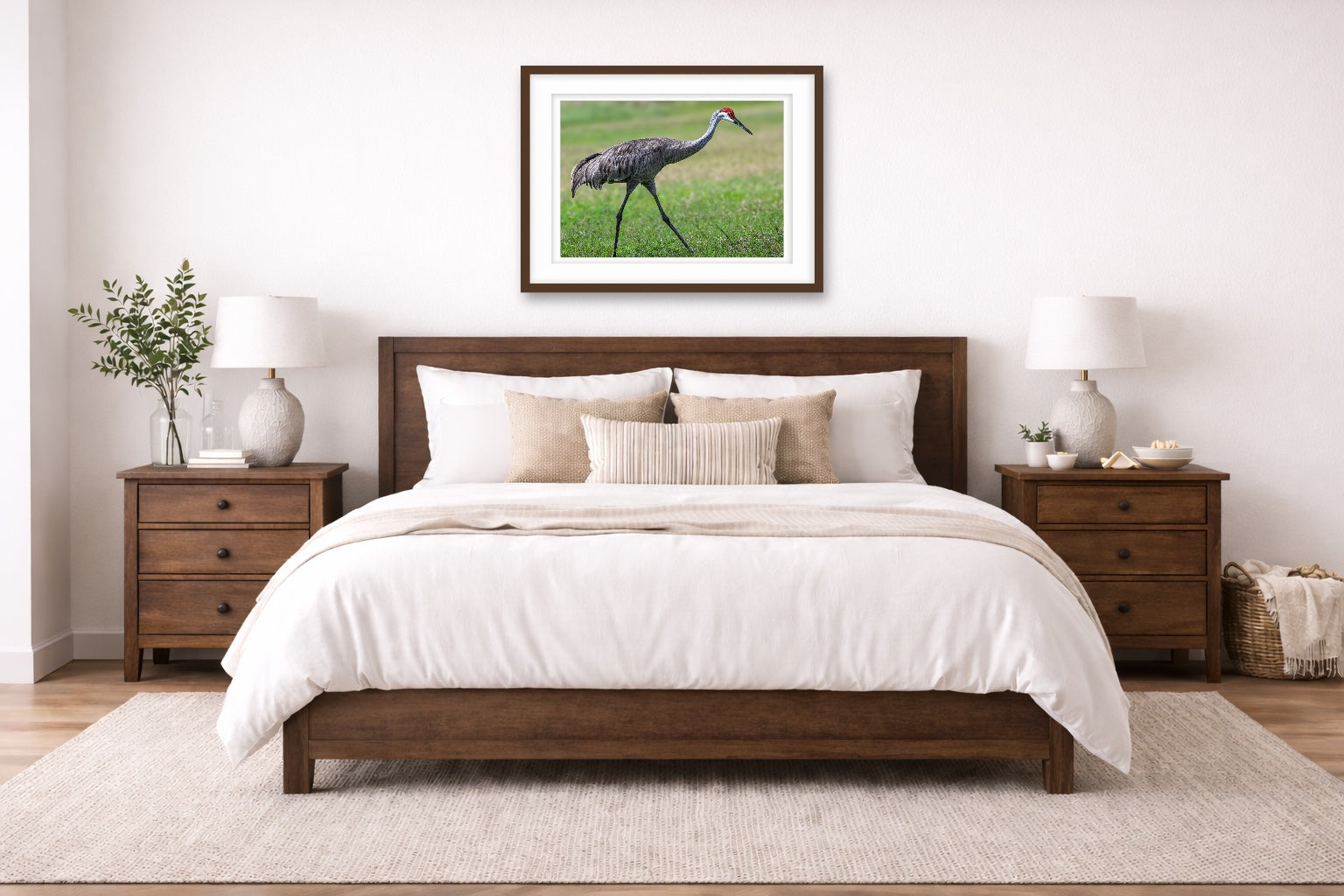 Sandhill Crane - Walking printed on fine art paper, framed on a espresso frame and matted. Hung on a living bedroom wall.