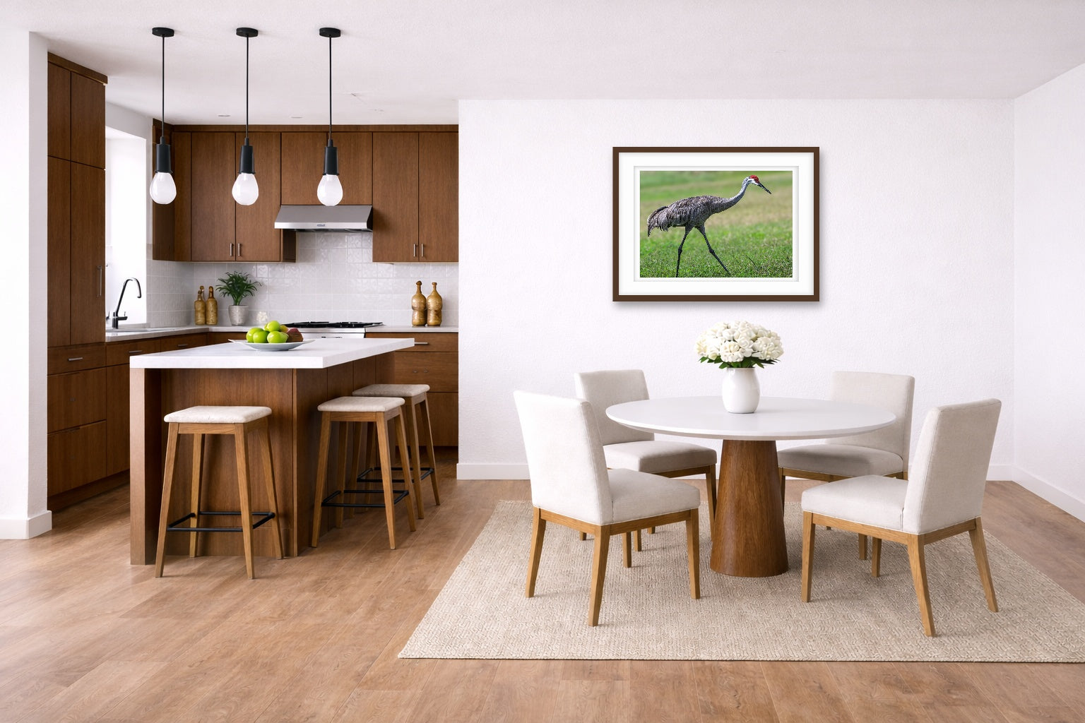 Sandhill Crane - Walking printed on fine art paper, framed on a espresso frame and matted. Hung on a living kitchen-dinette wall.