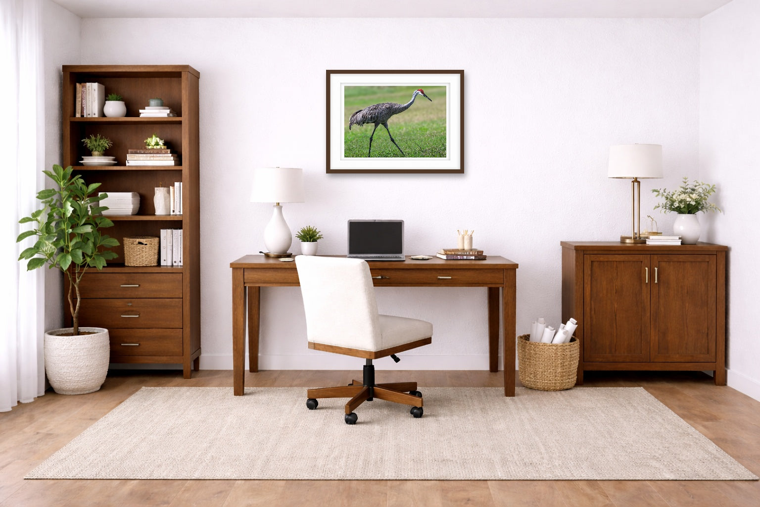 Sandhill Crane - Walking printed on fine art paper, framed on a espresso frame and matted. Hung on a living home office wall.