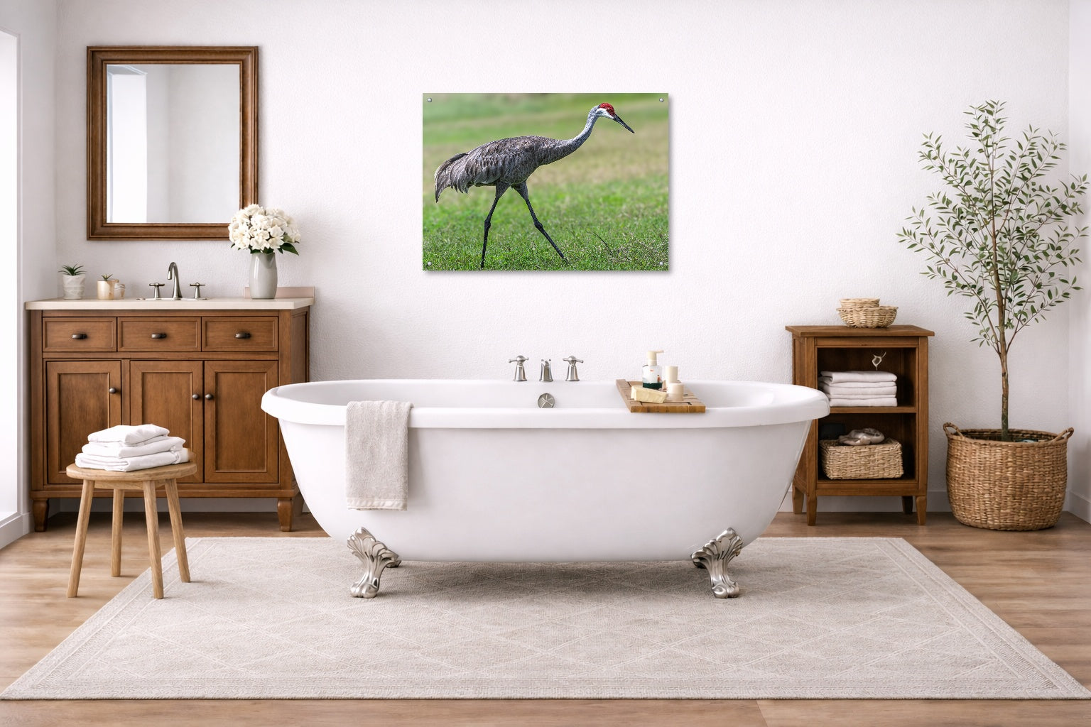 Sandhill Crane - Walking printed on aluminum metal with wall anchors. Hung on a bathroom wall.