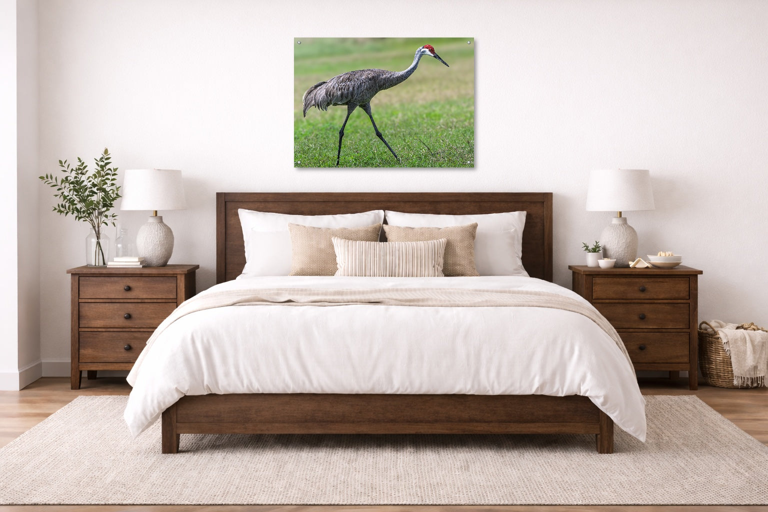 Sandhill Crane - Walking printed on aluminum metal with wall anchors. Hung on a bedroom wall.