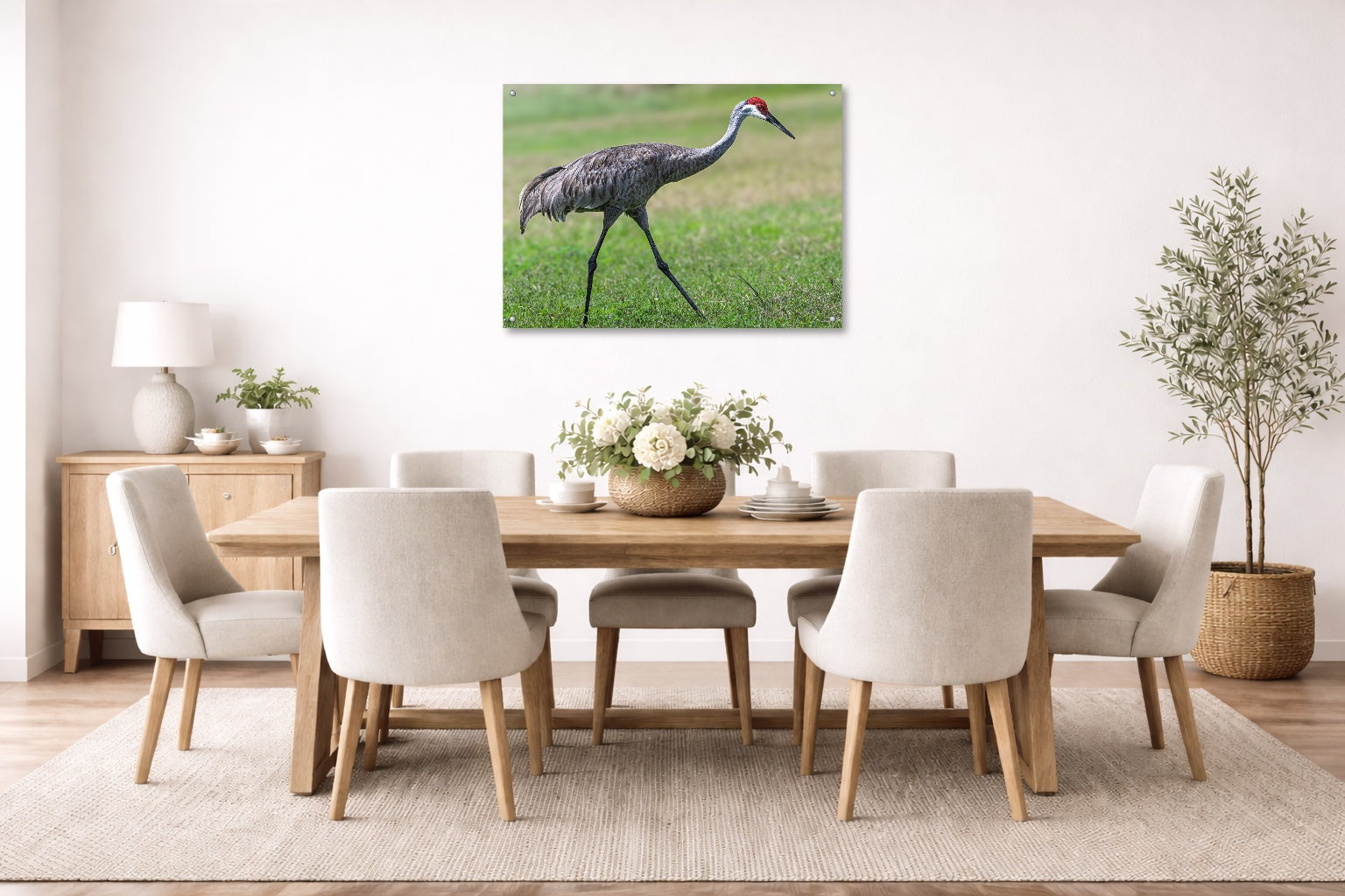 Sandhill Crane - Walking printed on aluminum metal with wall anchors. Hung on a dining room wall.
