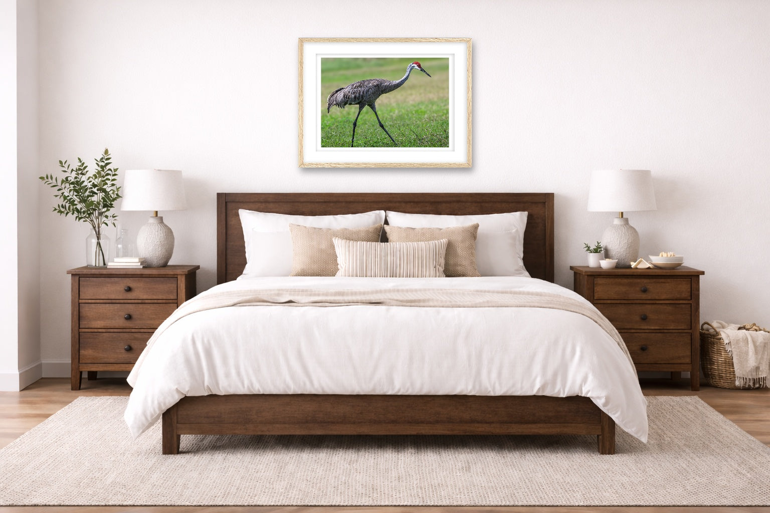 Sandhill Crane - Walking printed on fine art paper, framed in a oak frame and matted. Hung on a bedroom wall.