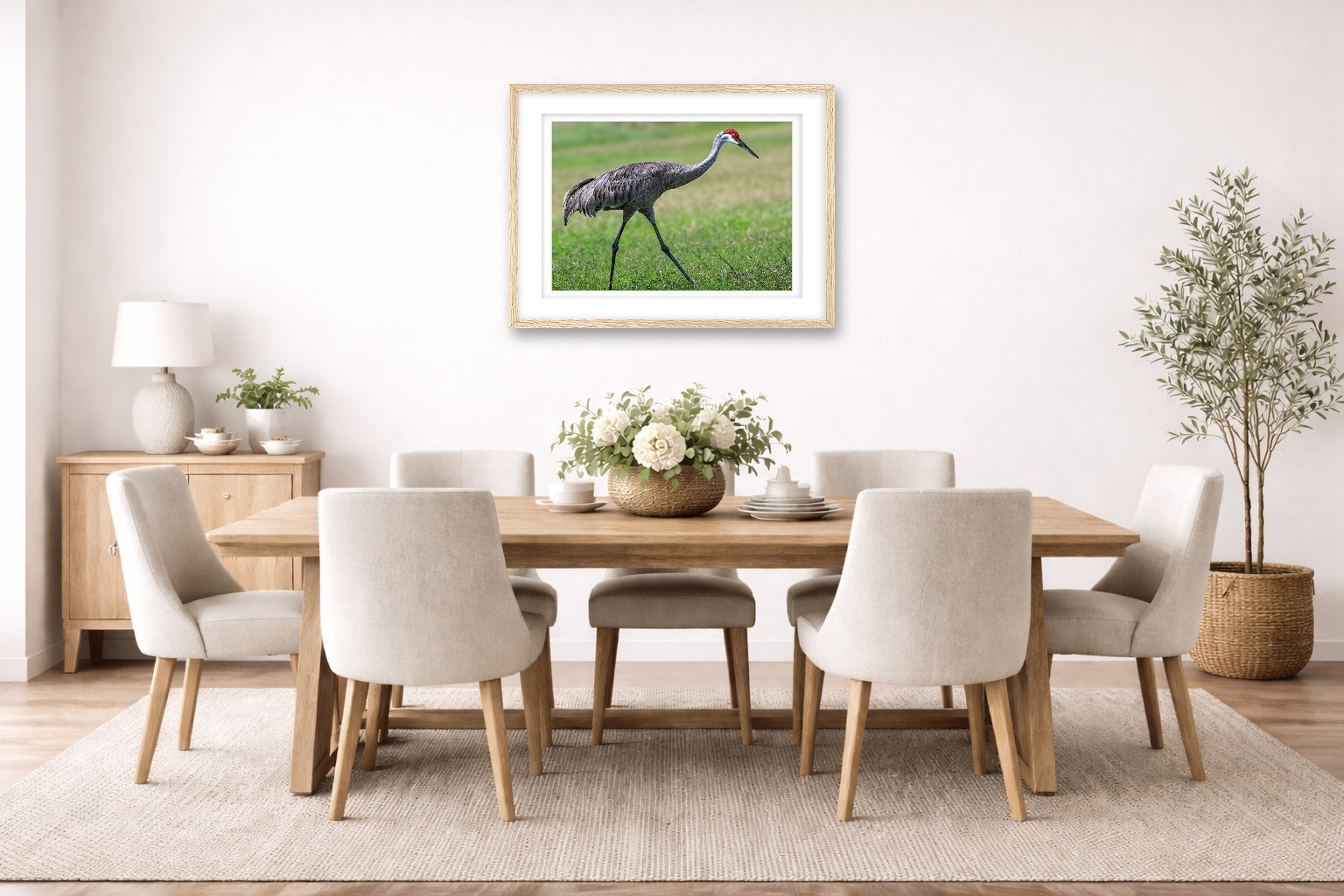 Sandhill Crane - Walking printed on fine art paper, framed on a oak frame and matted. Hung on a dining room wall.