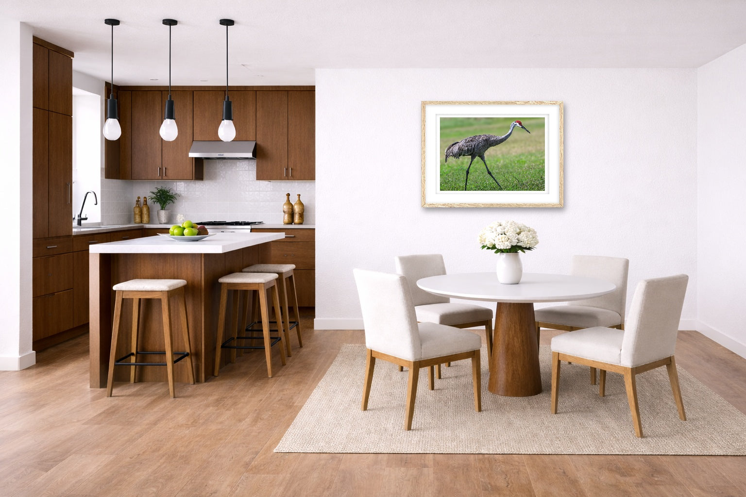 Sandhill Crane - Walking printed on fine art paper, framed on a oak frame and matted. Hung on a kitchen-dinette wall.