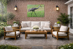 Sandhill Crane - Walking printed on water resistant canvas and mounted on a waterproof frame. Hung on a patio wall.