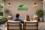 Sandhill Crane - Walking printed on water resistant canvas and mounted on a waterproof frame. Hung on a patio wall with couple.