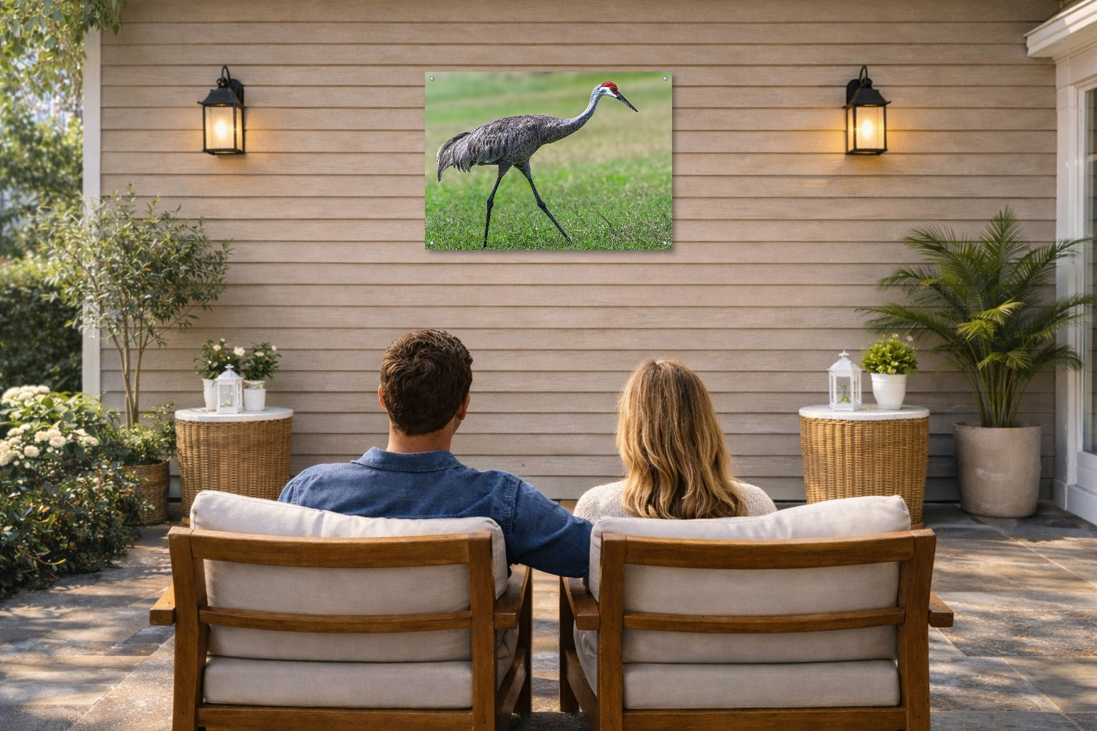 Sandhill Crane - Walking printed on water resistant canvas and mounted on a waterproof frame. Hung on a patio wall with couple.