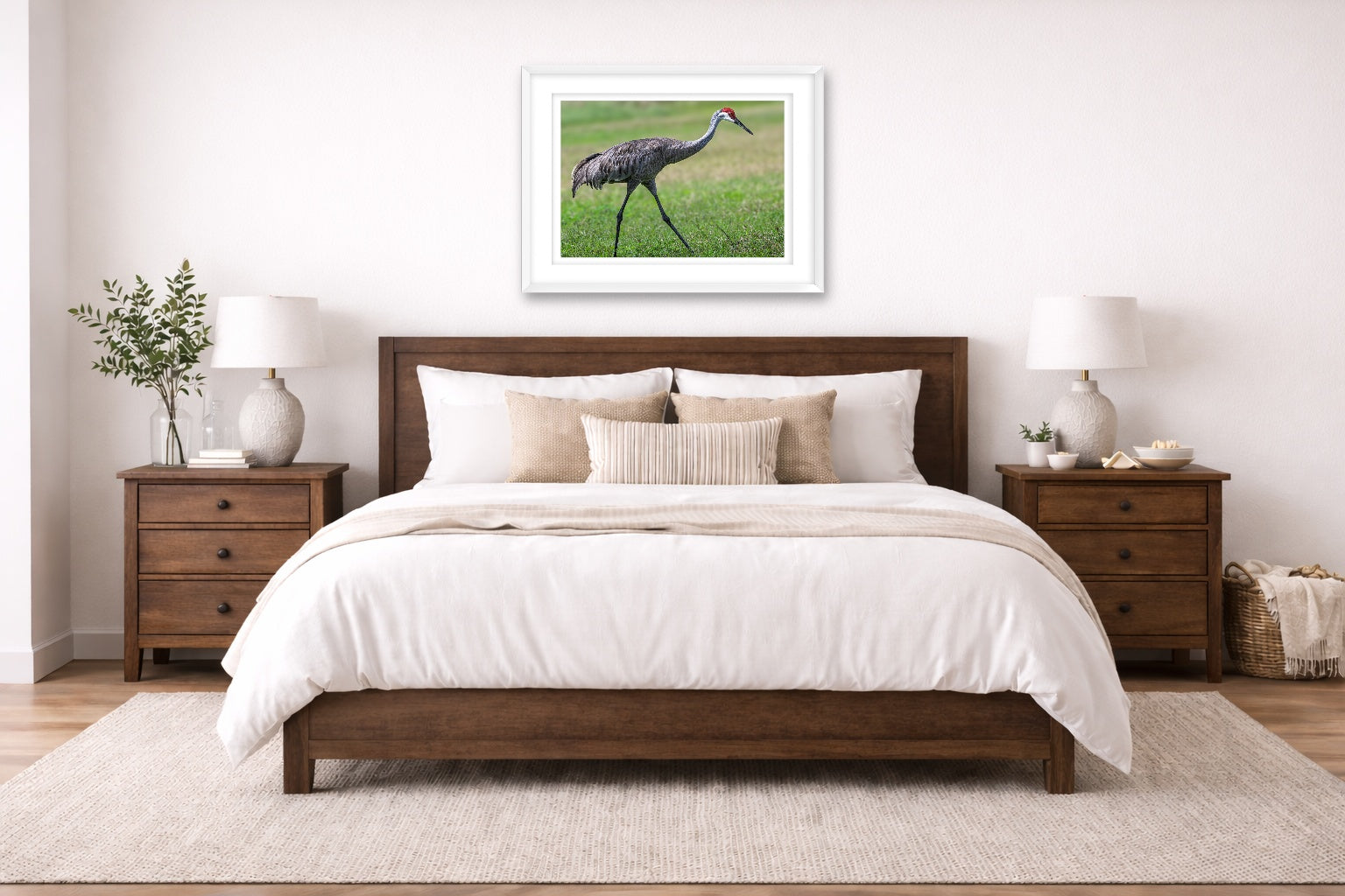 Sandhill Crane - Walking printed on fine art paper, framed on a white frame and matted. Hung on a bedroom room wall