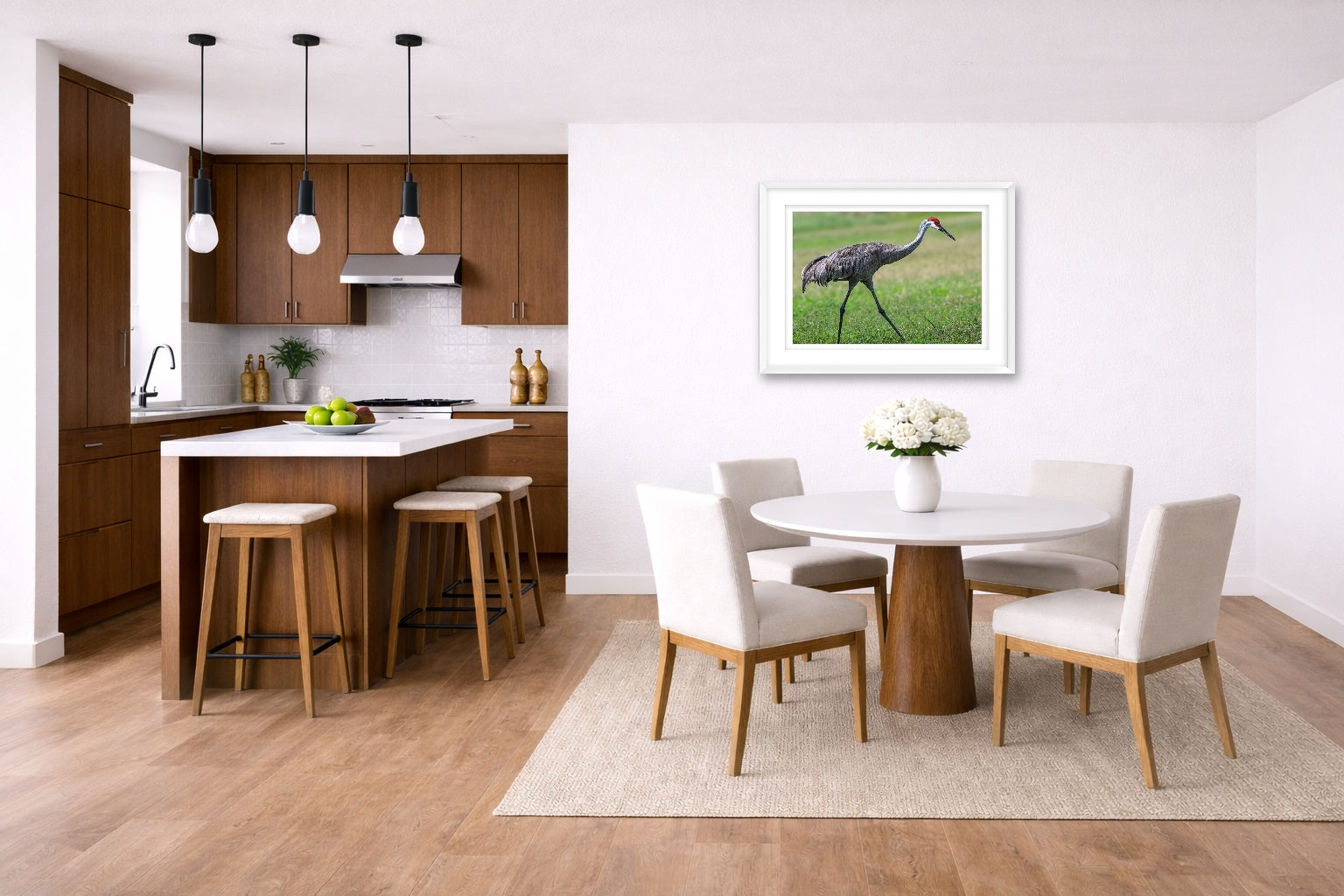 Sandhill Crane - Walking printed on fine art paper, framed on a white frame and matted. Hung on a kitchen-dinette wall.