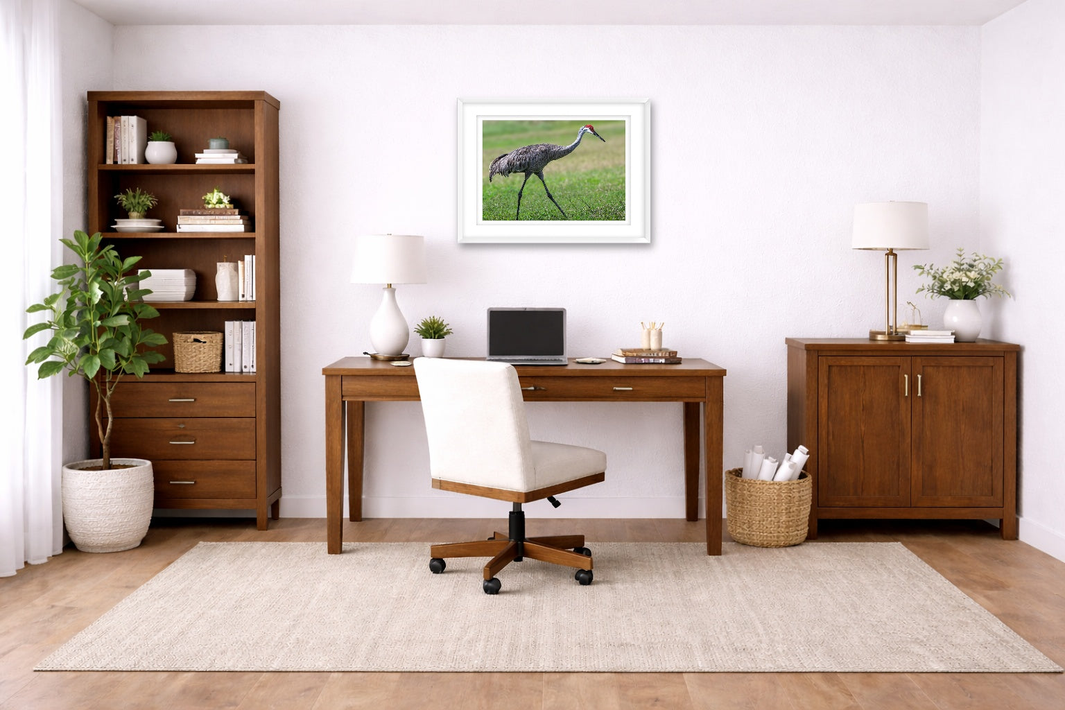 Sandhill Crane - Walking printed on fine art paper, framed on a white frame and matted. Hung on a home office wall.