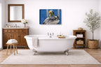 Preening Pelican printed on canvas wall art displayed on a bathroom wall .