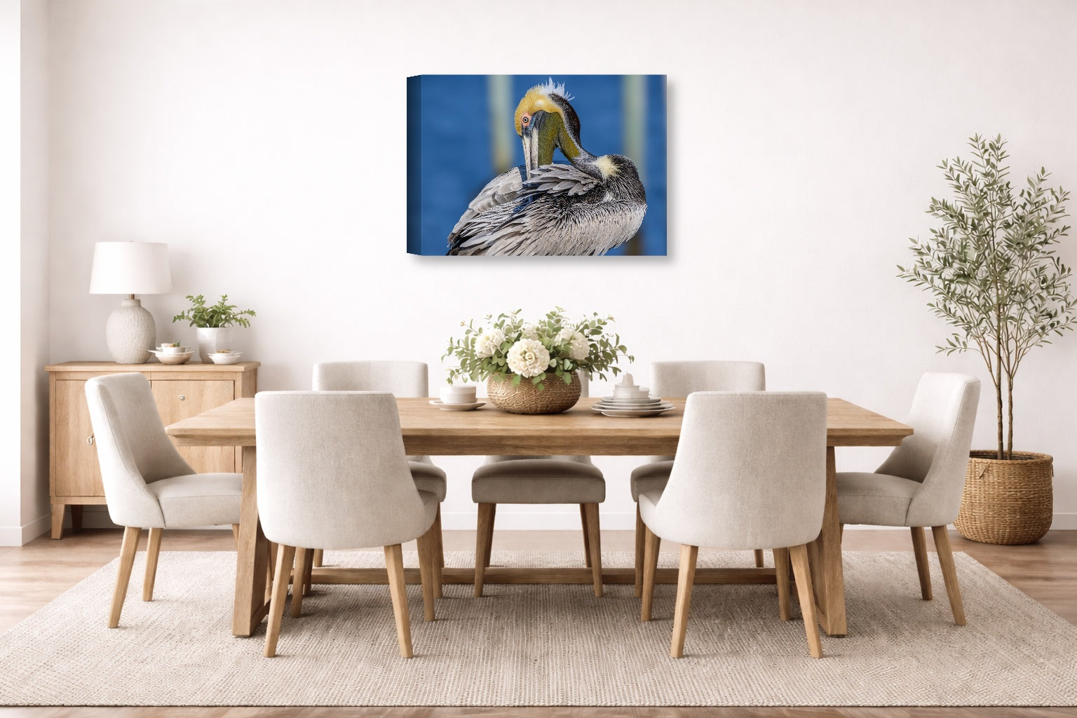 Preening Pelican printed on canvas wall art displayed on a wall in the dinning room