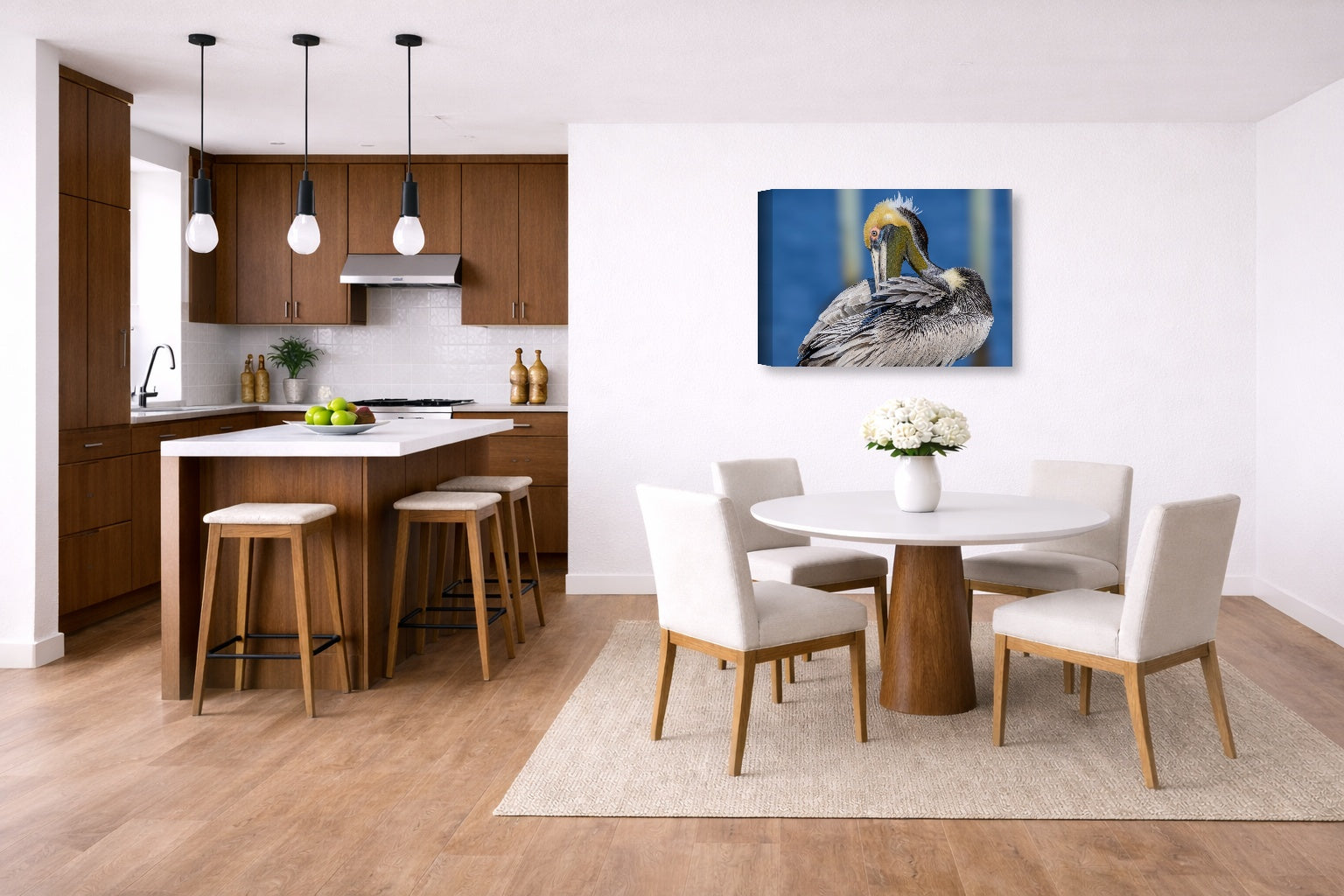 Preening Pelican printed on canvas wall art displayed on a wall in a dinette.