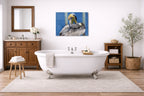 Preening Pelican printed on aluminum metal with wall anchors. Hung on a bathroom wall.