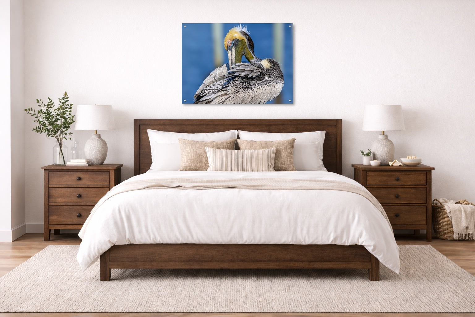 Preening Pelican printed on aluminum metal with wall anchors. Hung on a bedroom wall.