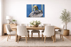 Preening Pelican printed on aluminum metal with wall anchors. Hung on a dining room wall.