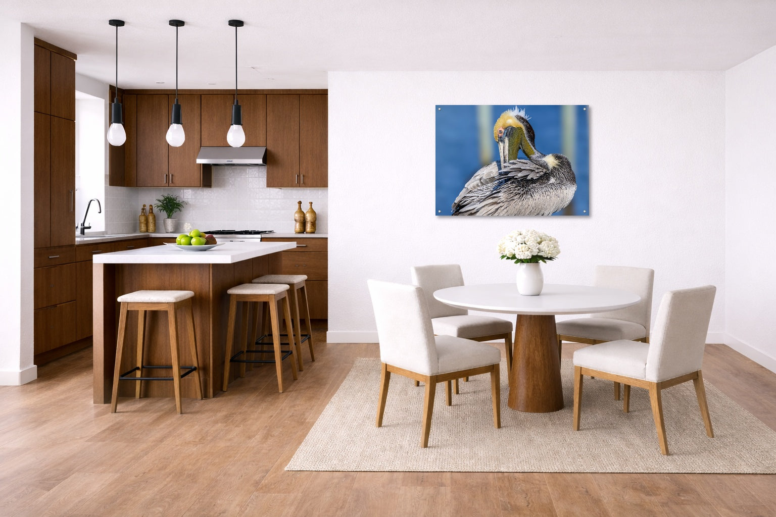 Preening Pelican printed on aluminum metal with wall anchors. Hung on a kitchen-dinette wall.