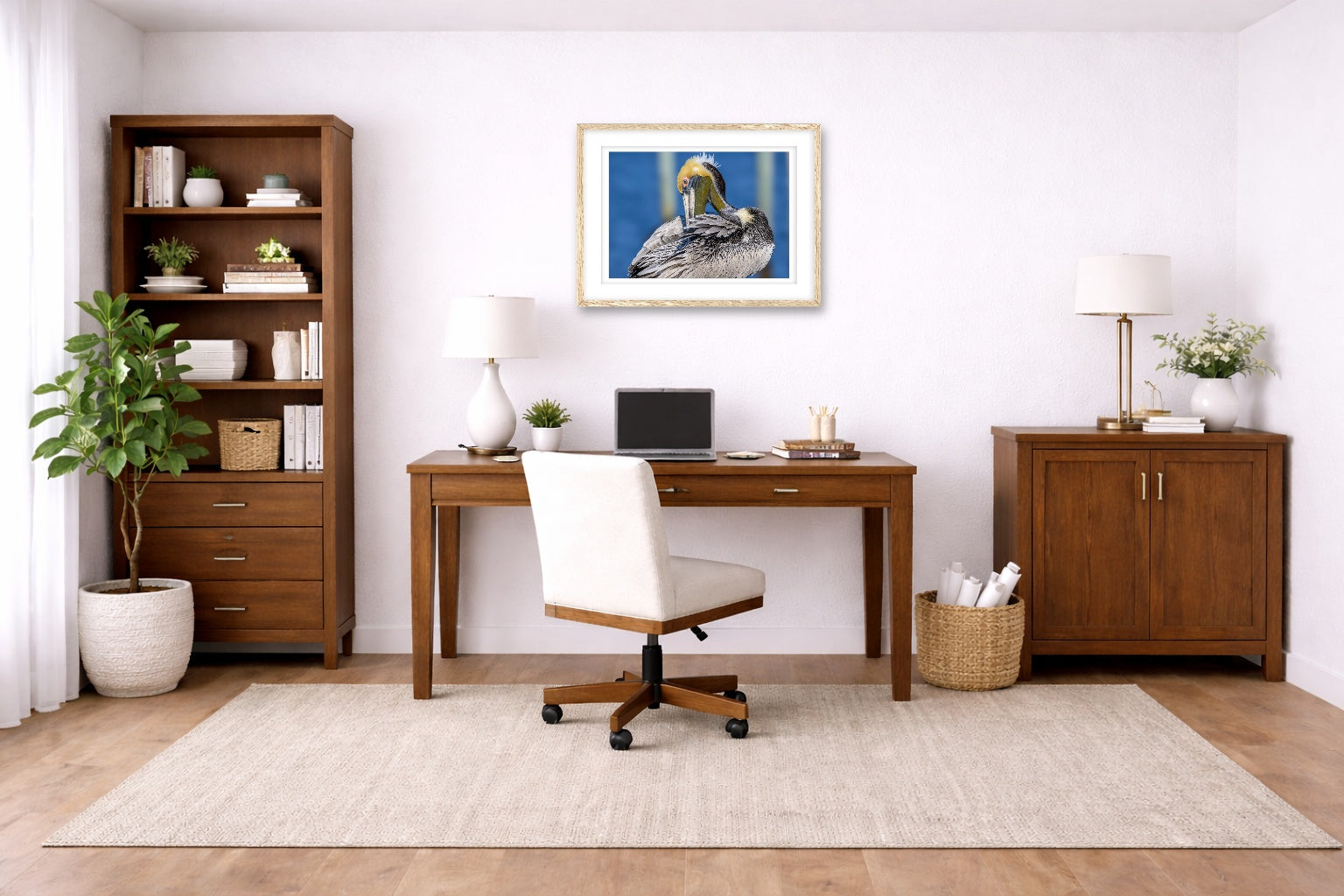 Preening Pelican printed on fine art paper, framed on a oak frame and matted. Hung on a home office wall.