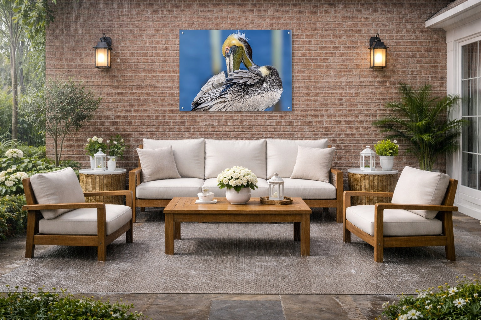 Preening Pelican printed on water resistant canvas and mounted on a waterproof frame. Hung on a patio wall.