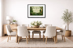 Irish Blessing with Celtic Icons printed on fine art paper, framed on a black frame and matted and hung on a dining room wall.