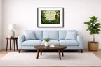Irish Blessing with Celtic Icons printed on fine art paper, framed on a black frame and matted and hung on a Living Room wall above a couch