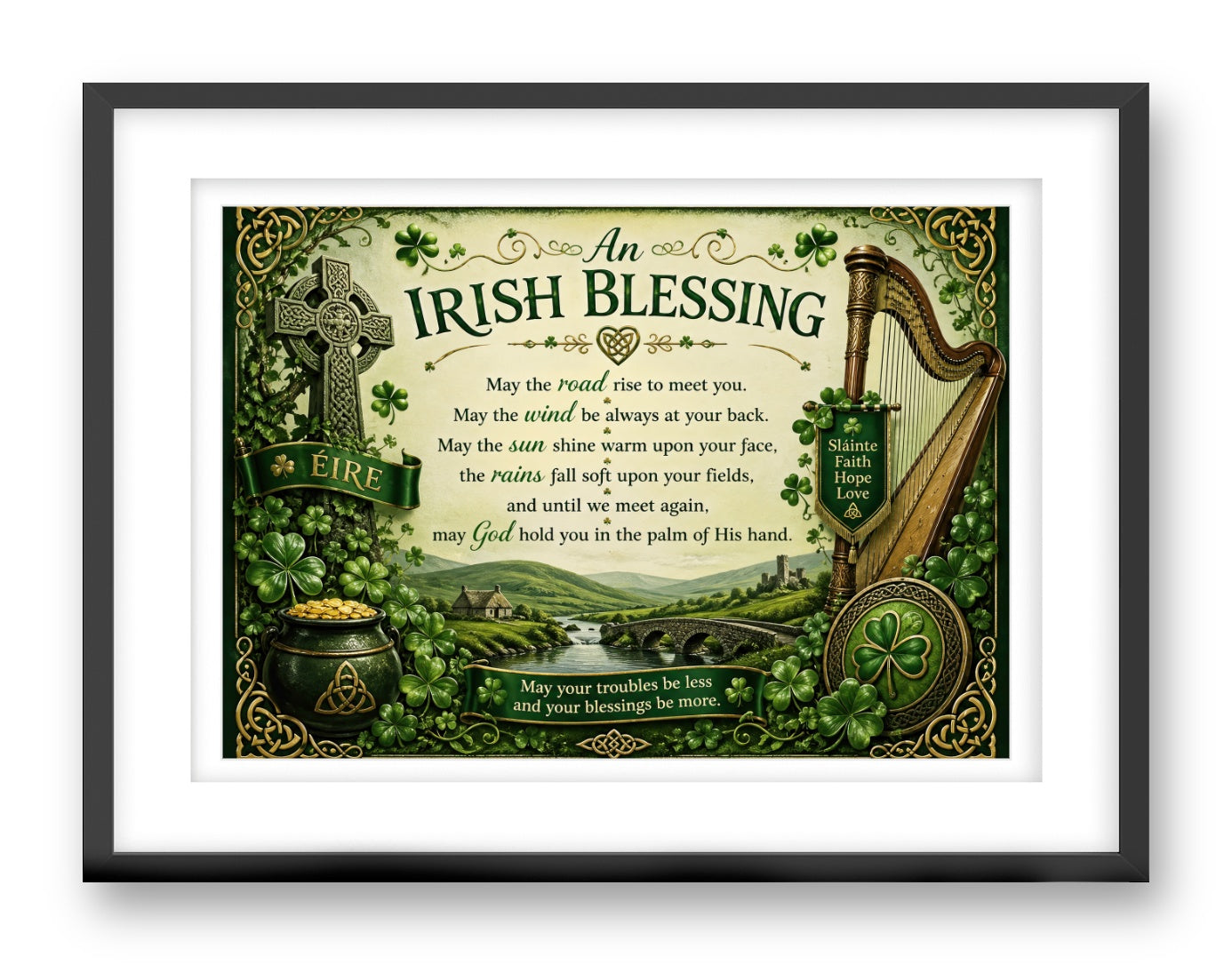 Irish Blessing with Celtic Icons printed on fine art paper, framed on a black frame and matted.