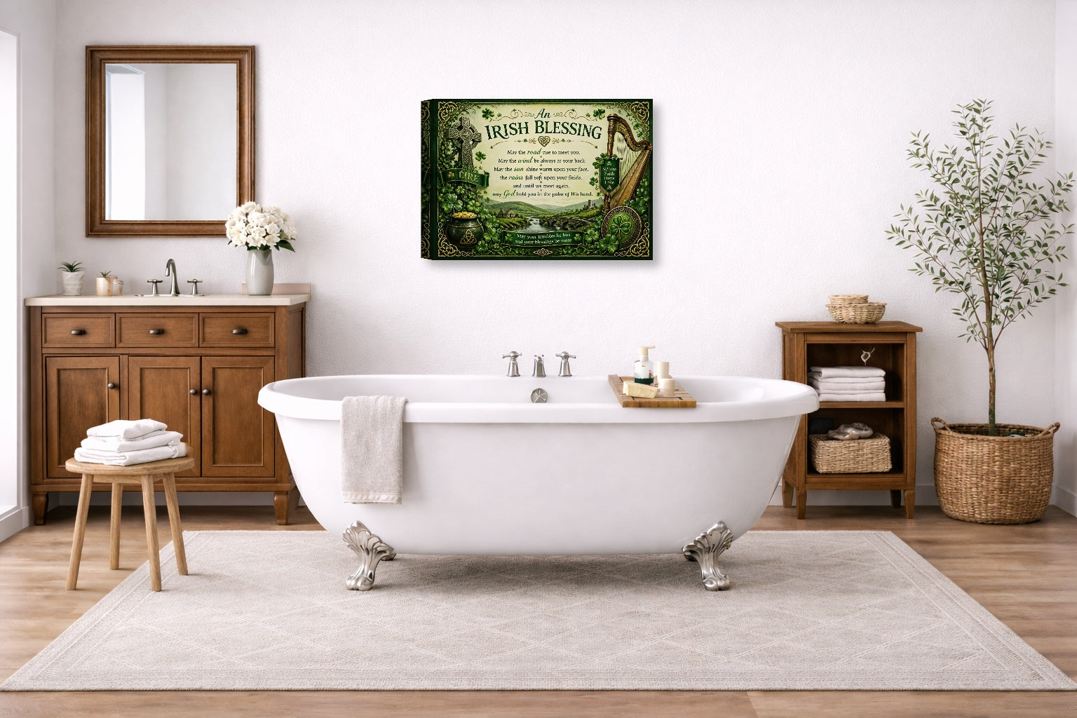 Irish Blessing with Celtic Icons printed on canvas wall art displayed on a bathroom wall .