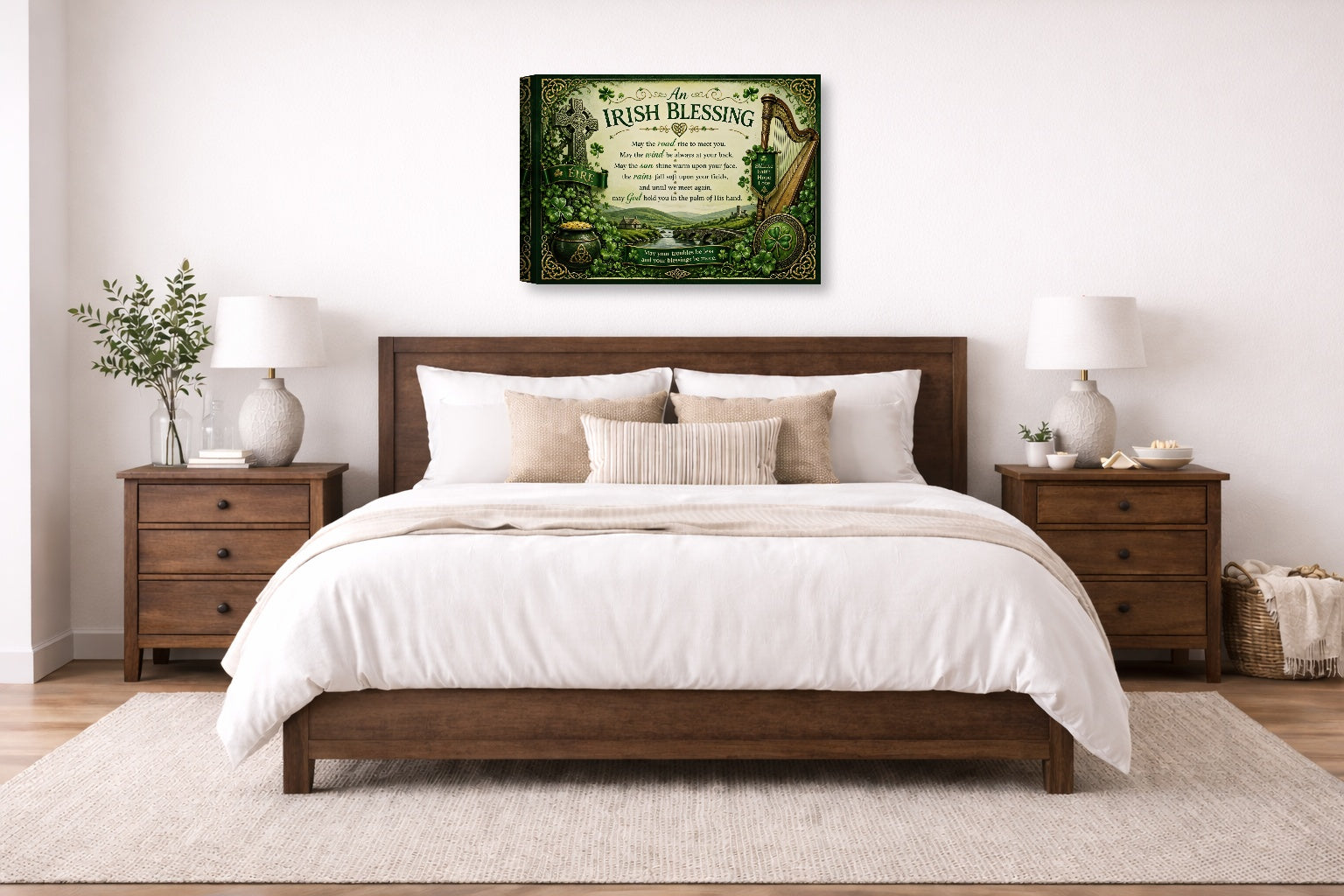 Irish Blessing with Celtic Icons printed on canvas wall art displayed on a wall above a bed.