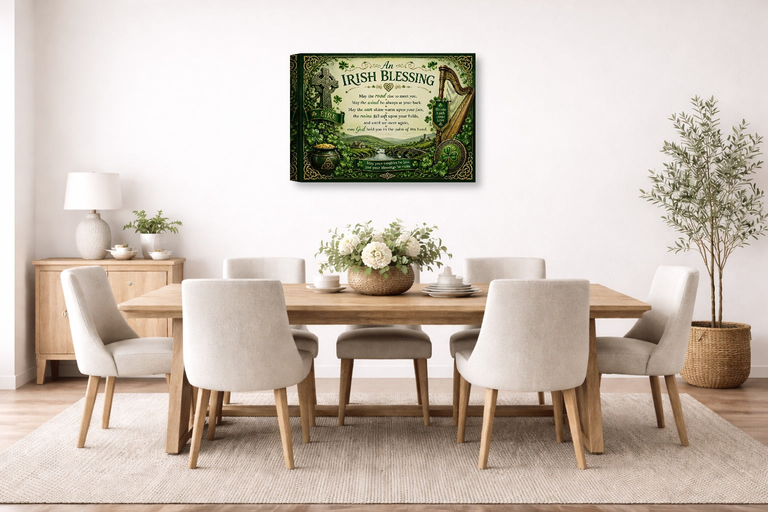 Irish Blessing with Celtic Icons printed on canvas wall art displayed on a wall in the dinning room