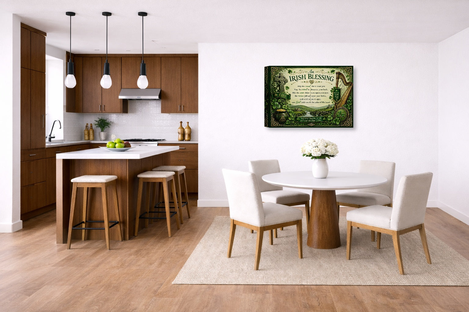 Irish Blessing with Celtic Icons printed on canvas wall art displayed on a wall in a dinette.