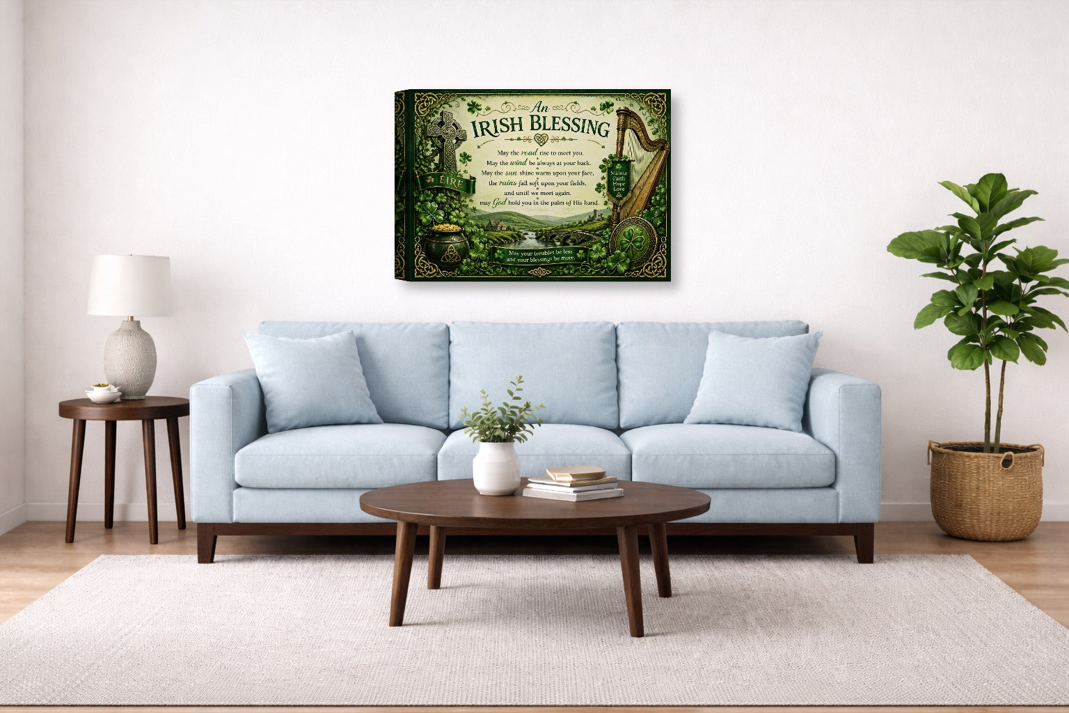 Irish Blessing with Celtic Icons printed on canvas wall art displayed above a couch in a living room