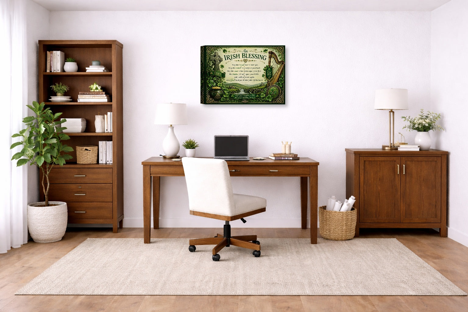 Irish Blessing with Celtic Icons printed on canvas wall art displayed on a wall in a a home office.