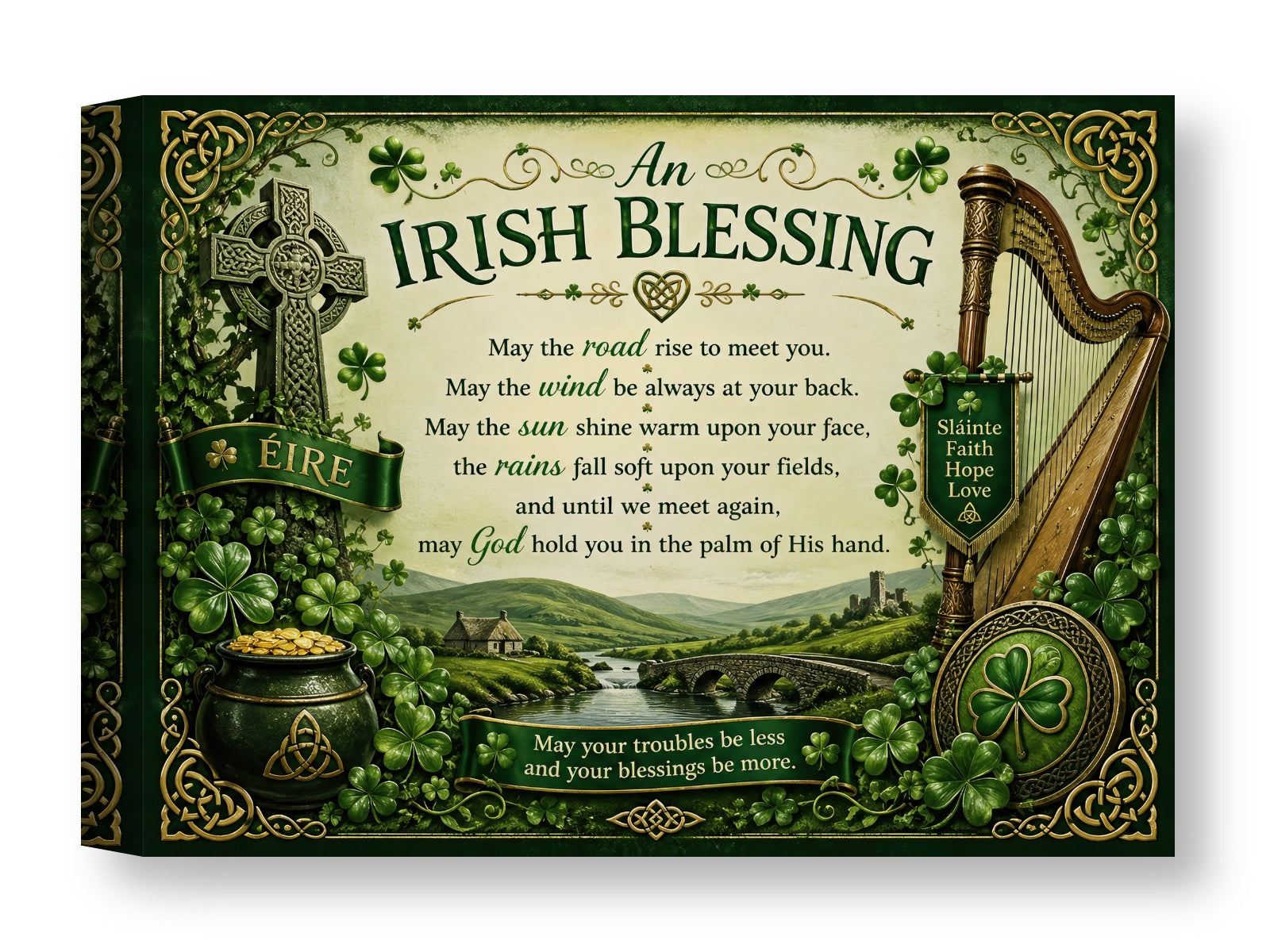 Irish Blessing with Celtic Icons printed on water resistant canvas wrapped on a wood frame