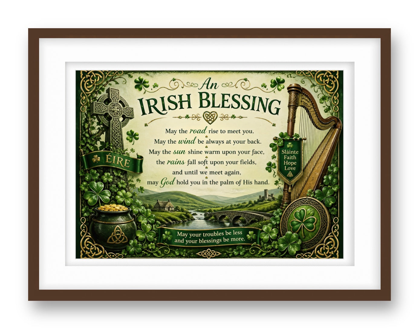 Irish Blessing with Celtic Icons printed on fine art paper, framed on a espresso frame and matted.