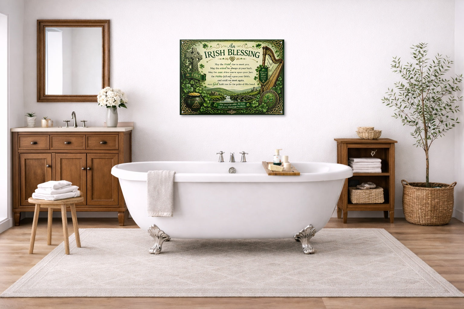 Irish Blessing with Celtic Icons printed on aluminum metal with wall anchors. Hung on a bathroom wall.