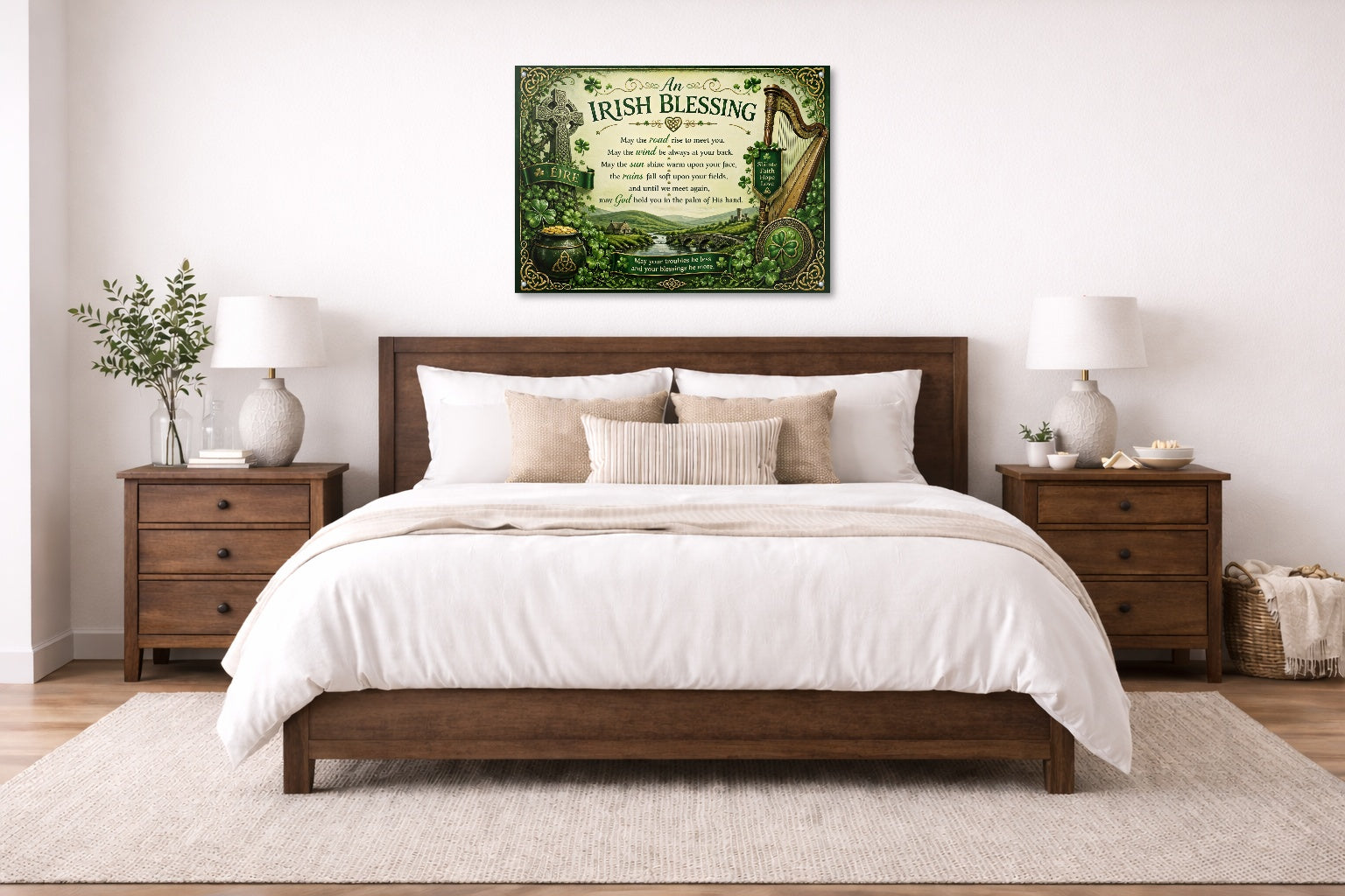 Irish Blessing with Celtic Icons printed on aluminum metal with wall anchors. Hung on a bedroom wall.