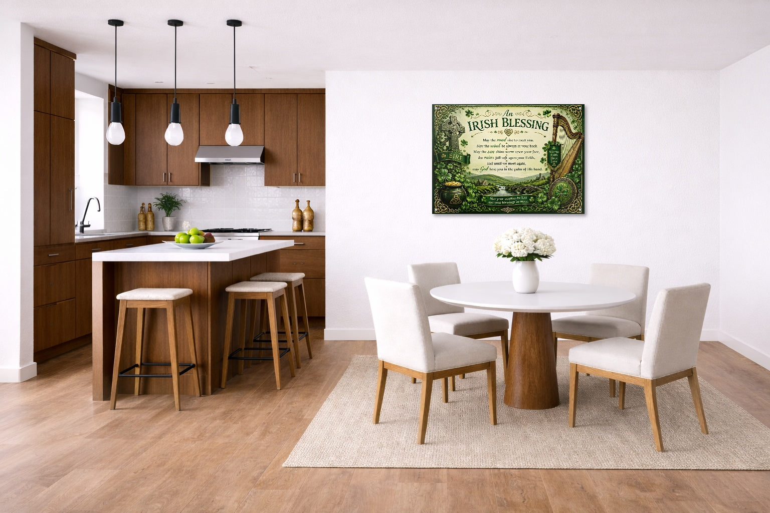 Irish Blessing with Celtic Icons printed on aluminum metal with wall anchors. Hung on a kitchen-dinette wall.