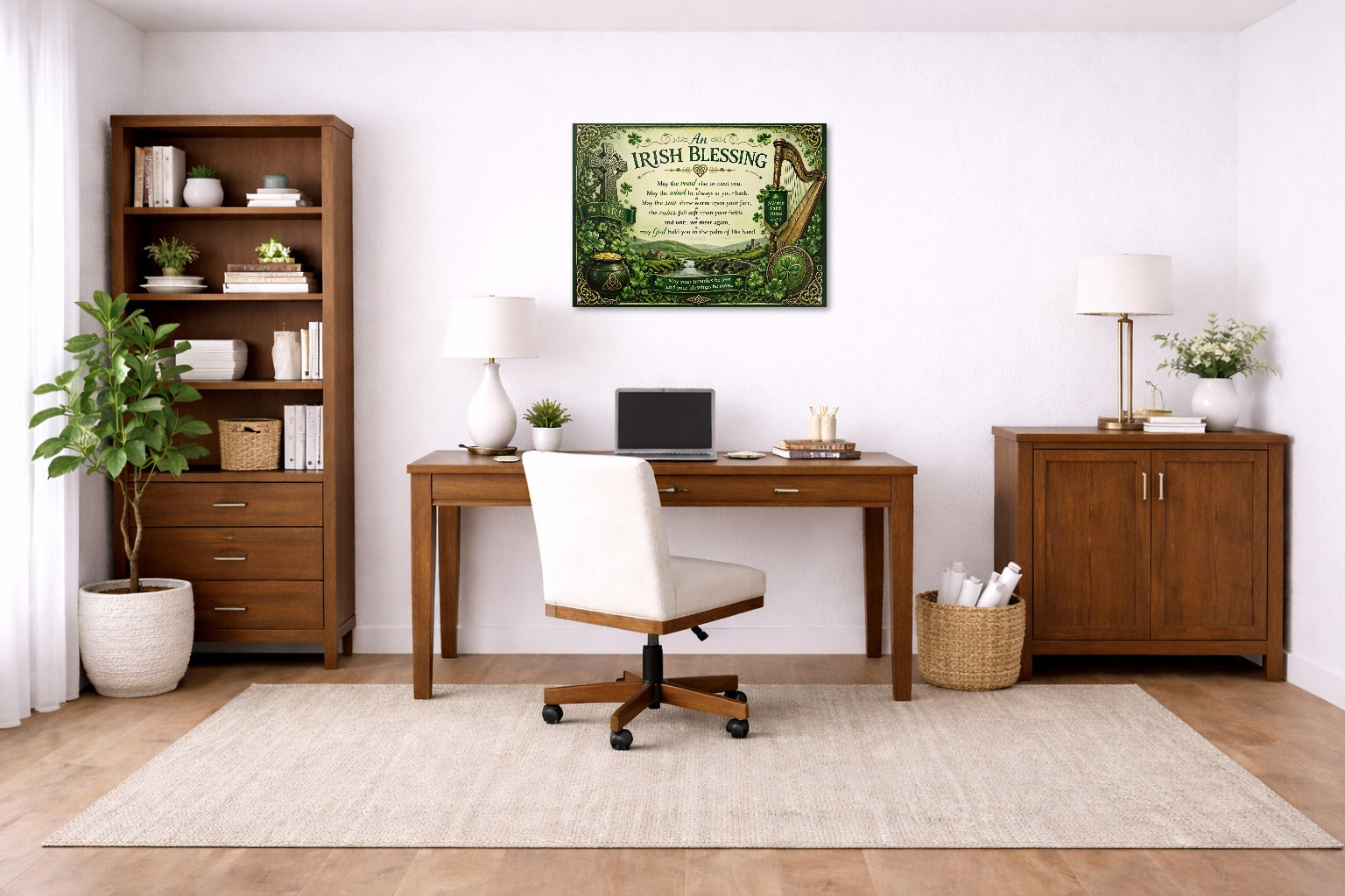Irish Blessing with Celtic Icons printed on aluminum metal with wall anchors. Hung on a office wall.