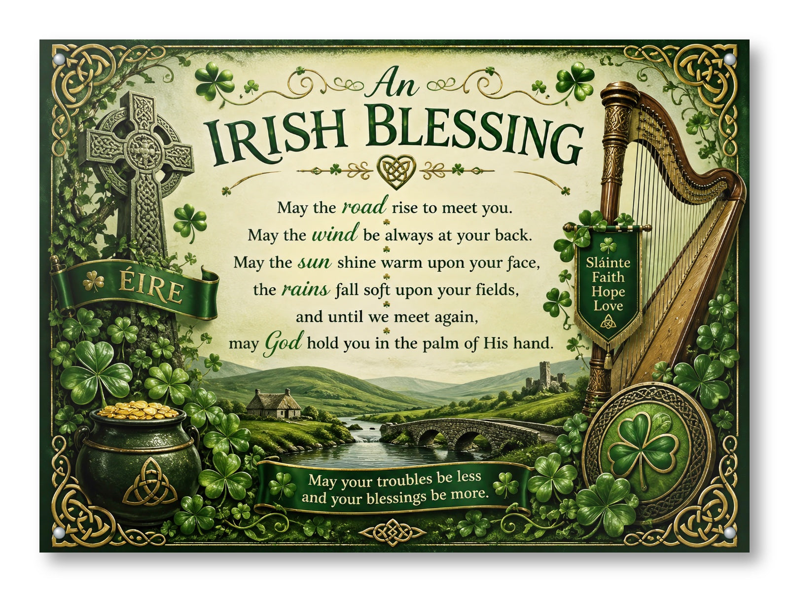Irish Blessing with Celtic Icons printed on aluminum metal with wall anchors.