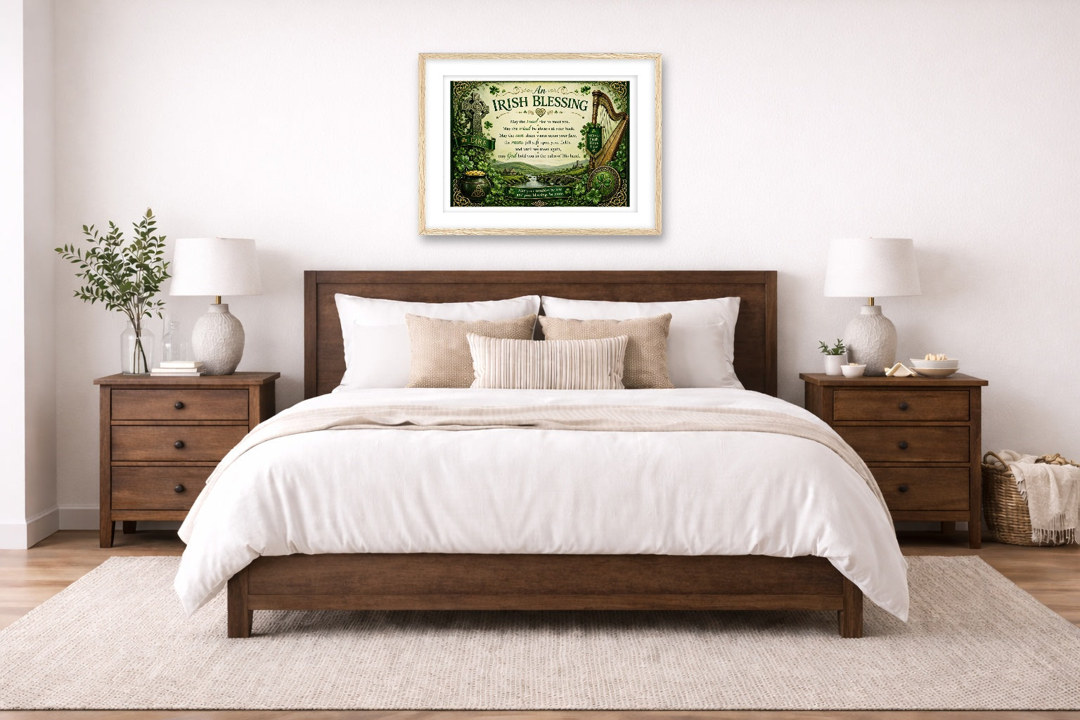 Irish Blessing with Celtic Icons printed on fine art paper, framed in a oak frame and matted. Hung on a bedroom wall.