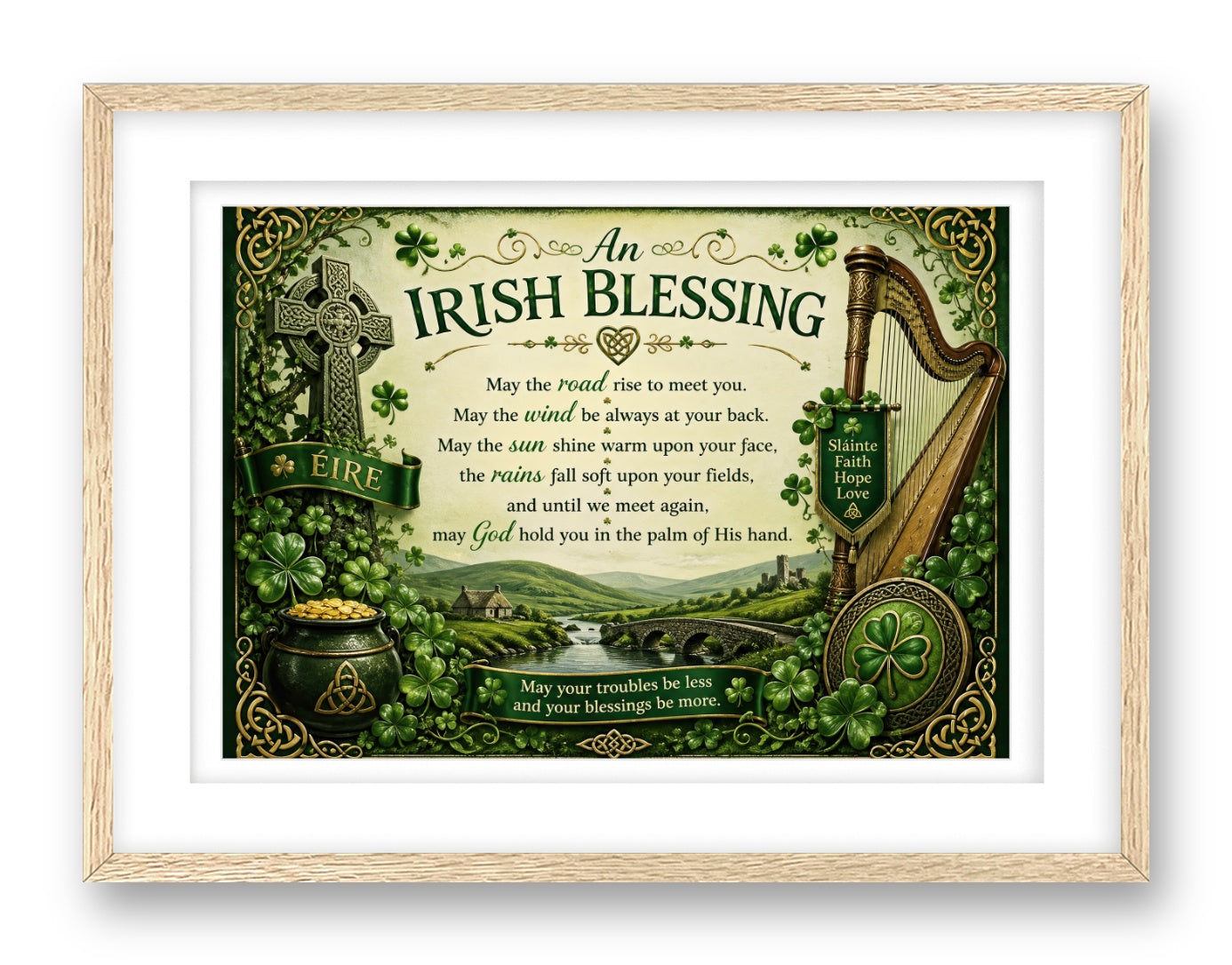 Irish Blessing with Celtic Icons printed on fine art paper, framed on a oak frame and matted.