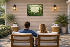 Irish Blessing with Celtic Icons printed on water resistant canvas and mounted on a waterproof frame. Hung on a patio wall with couple.