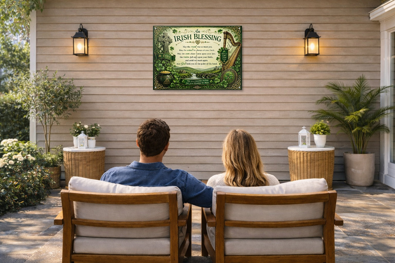 Irish Blessing with Celtic Icons printed on water resistant canvas and mounted on a waterproof frame. Hung on a patio wall with couple.