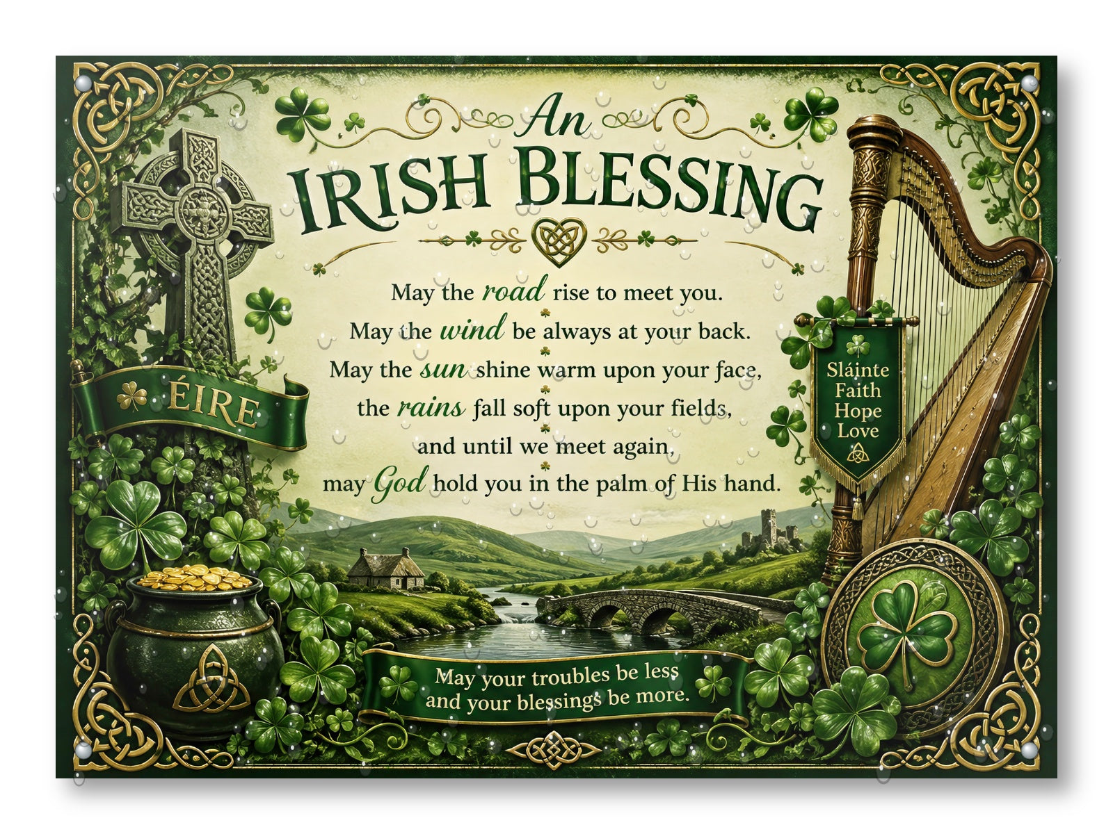Irish Blessing with Celtic Icons printed on water resistant canvas and mounted on a waterproof frame.
