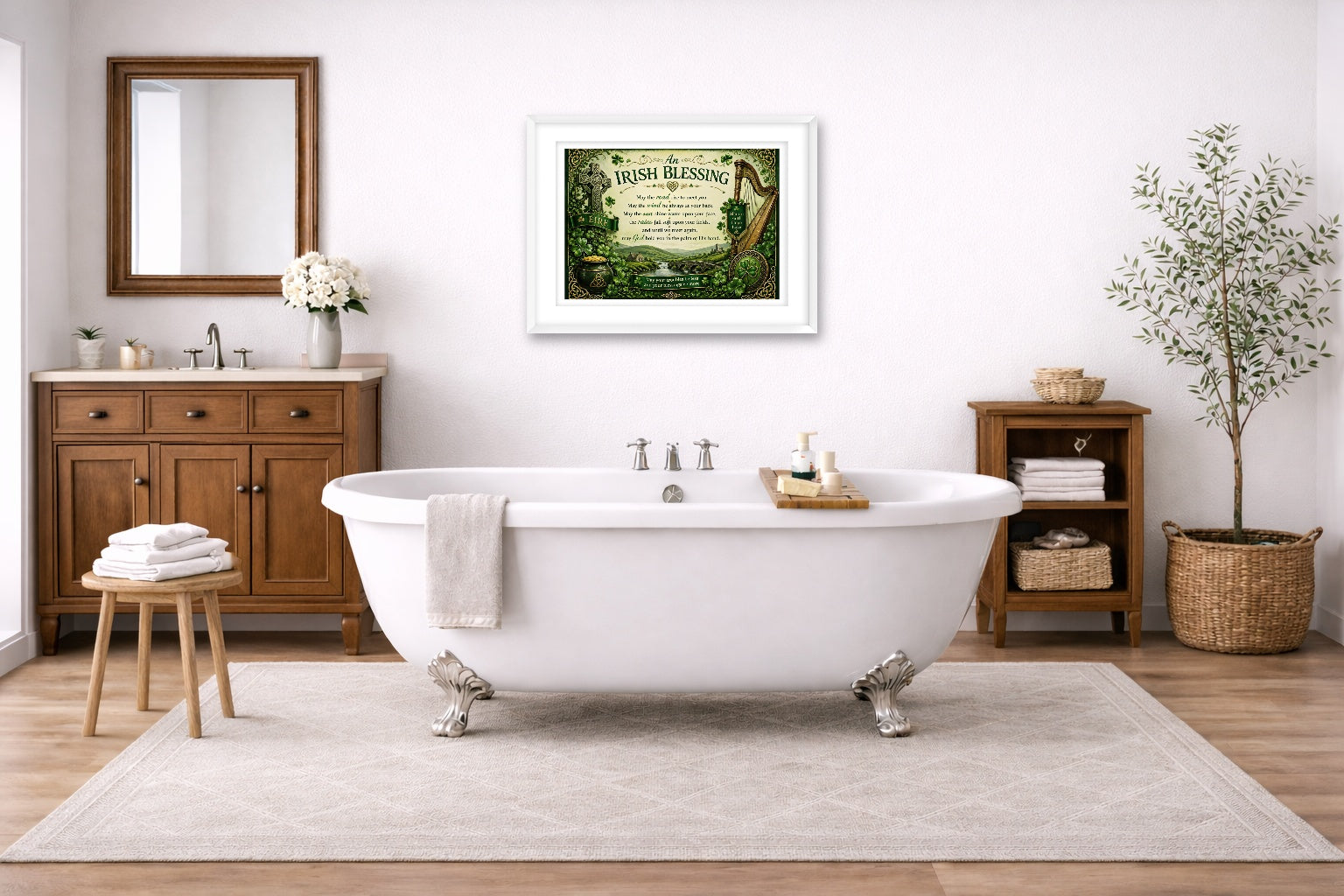 Irish Blessing with Celtic Icons printed on fine art paper, framed on a white frame and matted. Hung on a bathroom wall