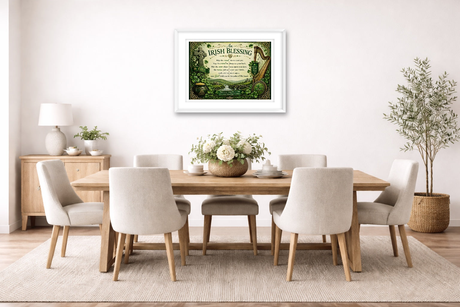 Irish Blessing with Celtic Icons printed on fine art paper, framed on a white frame and matted. Hung on a dining room wall.